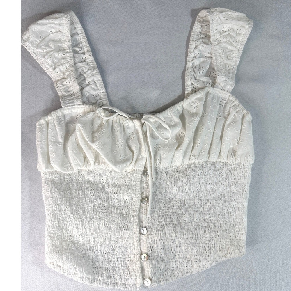 Edit by Nine White Eyelet Smocked Button Front Crop Tank Top Cottagecore Size M